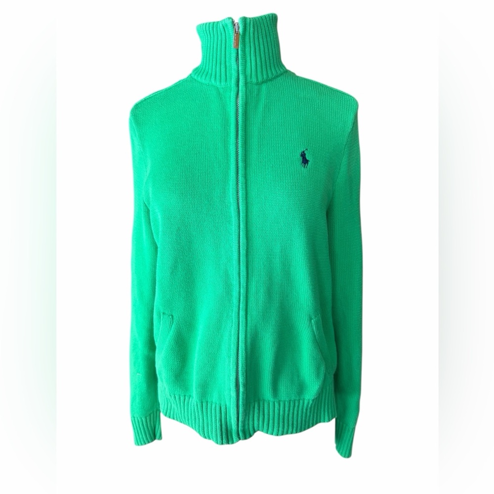 Late 1990s/Y2K Ralph Lauren Sport Kelly Green 100%‎ Cotton Mock-Neck Full Zip